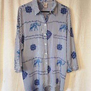 Chico's Size 2 Blue Striped Elephant Shirt